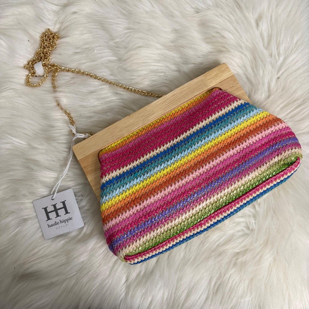 NWT - Haute Hippie - Rainbow Striped ocen Straw Crossbody Purse Chain Strap